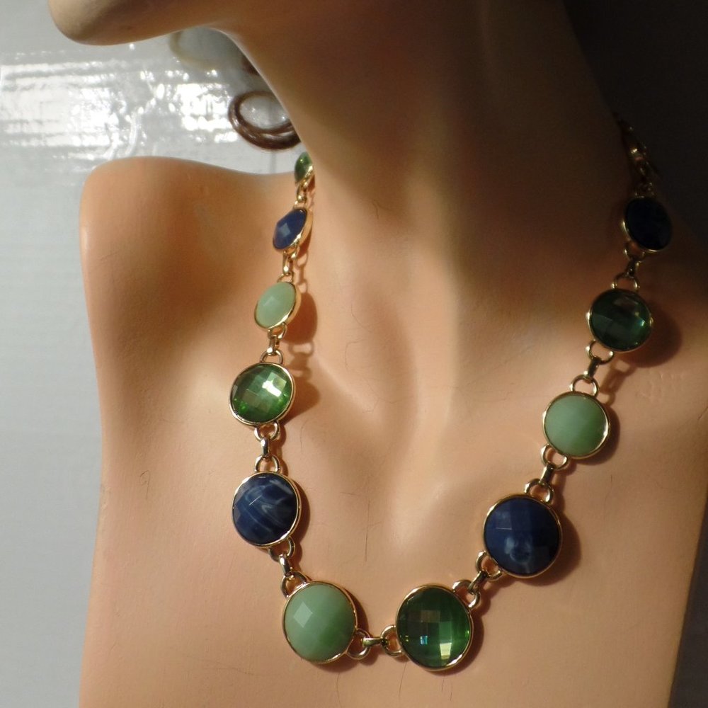 Bill Blass Goldtone Blue & Green Stones Necklace - Picture 1 of 12